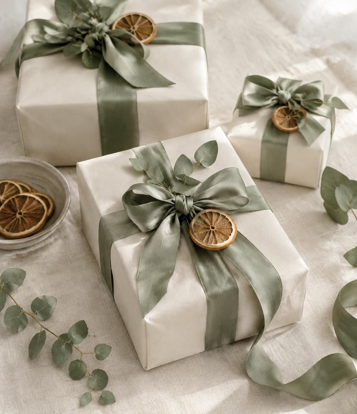Cream-wrapped gifts tied with sage ribbon, dried orange slices and eucalyptus on soft linen