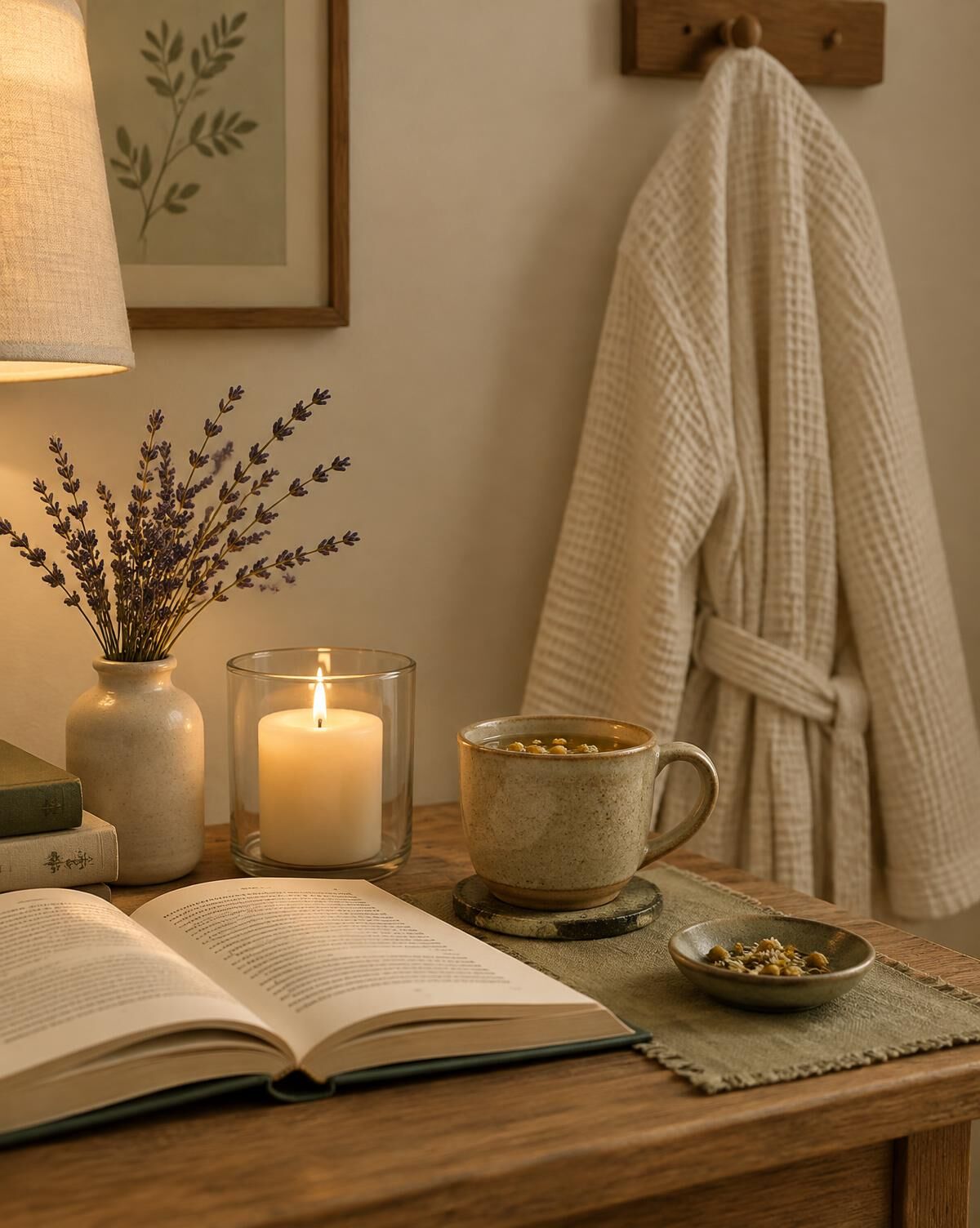A calm evening still-life: a lit candle, an open book, a cup of tea, lavender and a linen robe on a wall hook