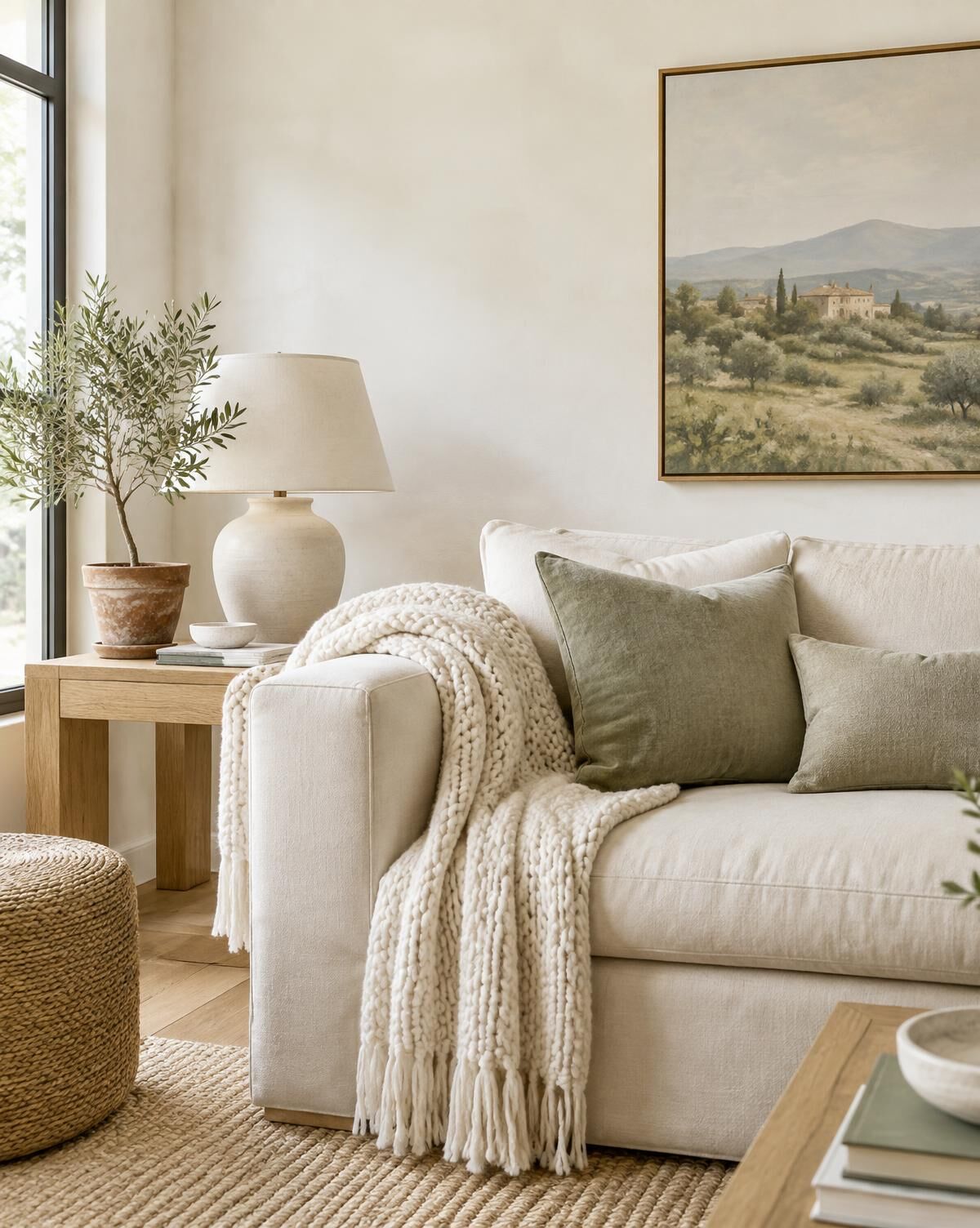 A cream linen sofa with a chunky knit throw, sage cushions, a ceramic lamp and a small olive tree