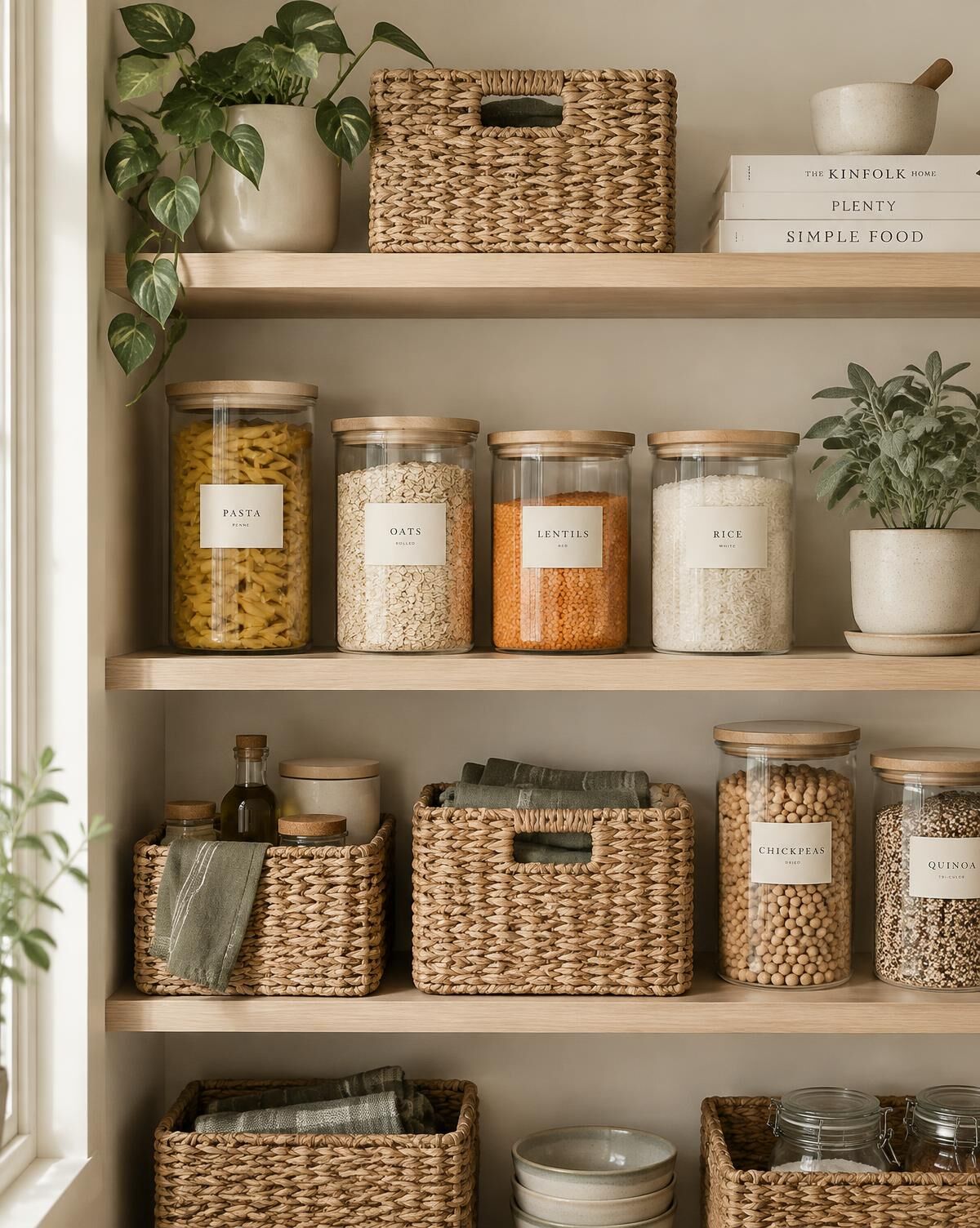 Open pantry shelves with labeled glass jars, woven baskets, folded sage tea towels and potted plants
